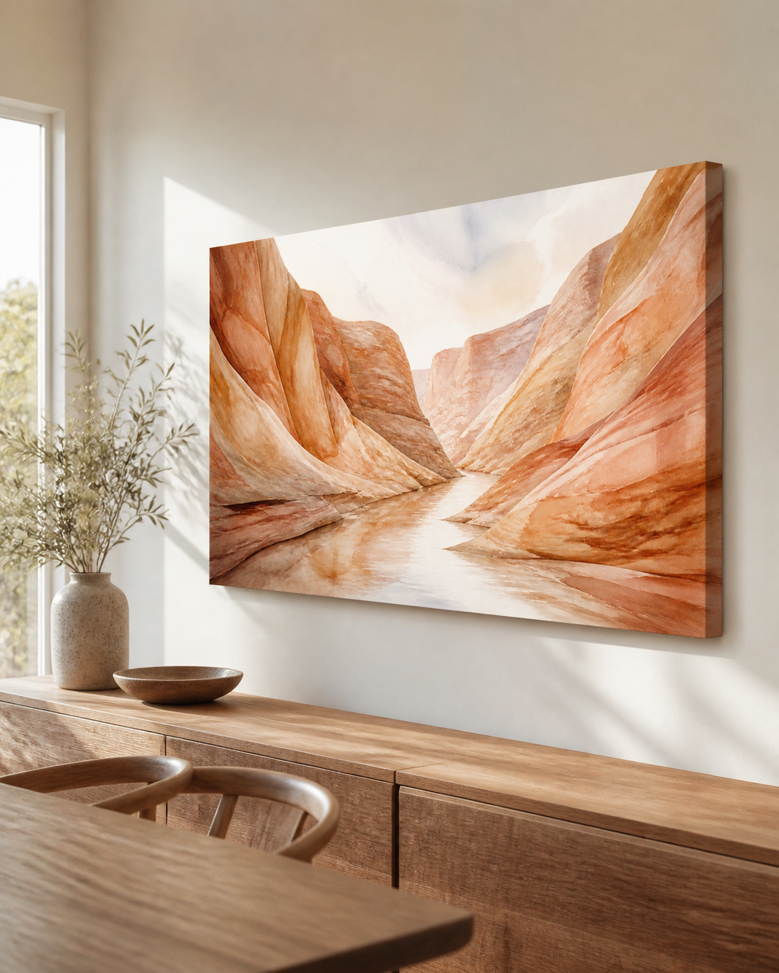 Ochre Canyon stretched canvas wall art from a right interior angle