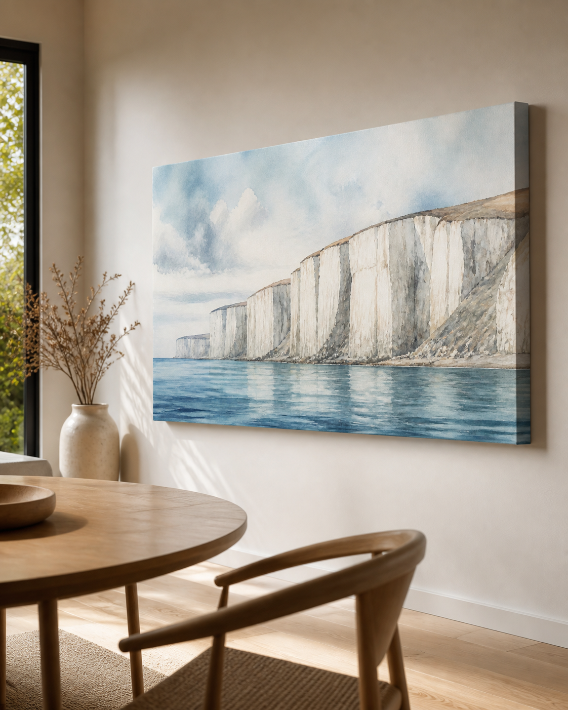White Cliffs stretched canvas wall art from a right interior angle