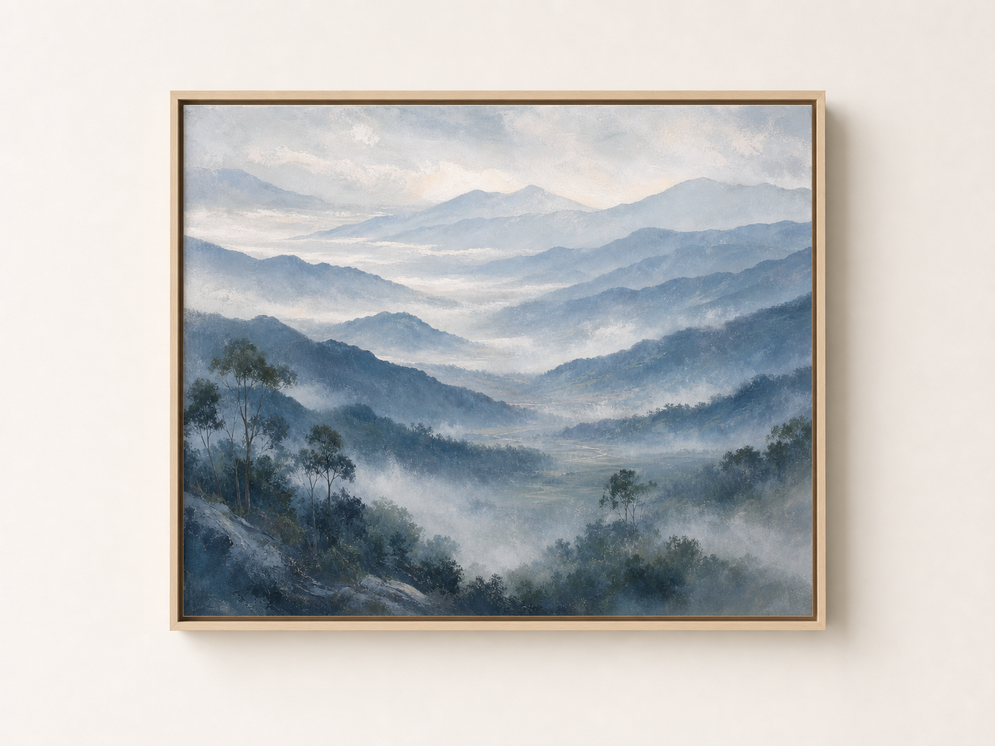 Misty Blue Mountain Valley Canvas Wall Art – birch floating frame