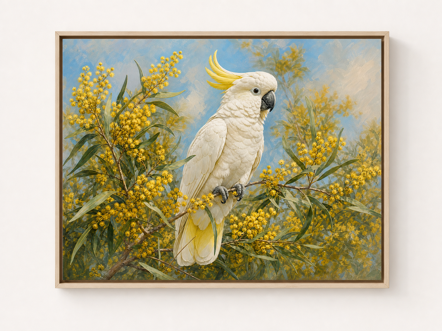 White Cockatoo and Golden Wattle Canvas Wall Art – birch floating frame