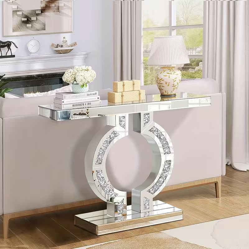 Shemaya crystal mirrored console table in a styled interior