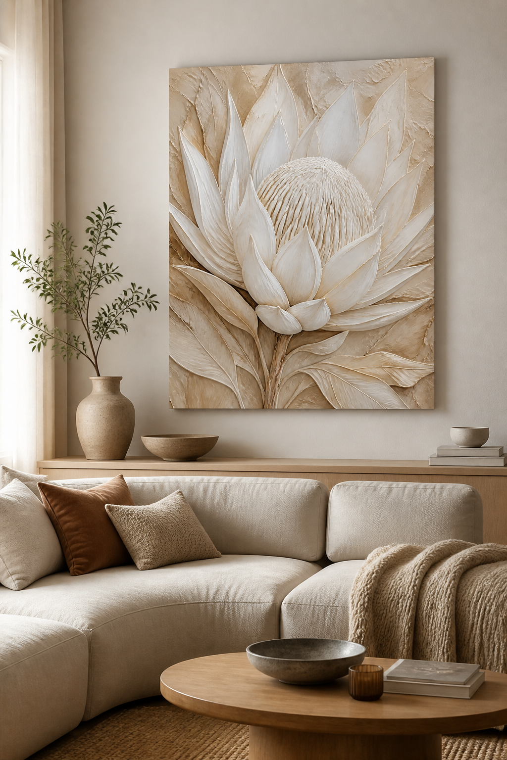 Sculpted Protea Neutral Canvas Wall Art