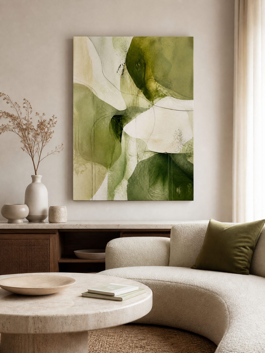 Olive Traces Green Abstract Canvas Wall Art