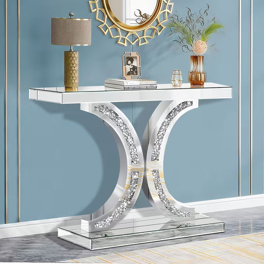 100.0 cm Modern Mirror Entryway Table with Inlaid Diamonds, Freestanding Hall Table Suitable for Corridor, Entryway, Assembly, Minimalist, Versatile for Small Spaces – view 1