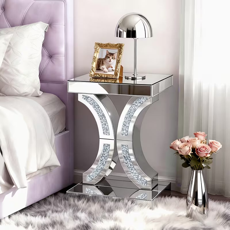 22.4-Inch Double Curved Diamond Decorated Edge Table, Small Table for Light Luxury Items in Living Room/Bedroom, Adaptable to Multiple Scenarios, Enhancing The Texture of Home Light Luxury Decoration – view 1