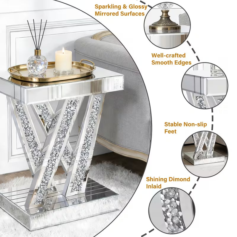 22.4-Inch Silvery Mirror Console Table with Glass Surface And Diamond Inlay Design Suitable for Modern Living Room, Foyer, Or Corridor Decoration As an Entry-Level Table – view 2