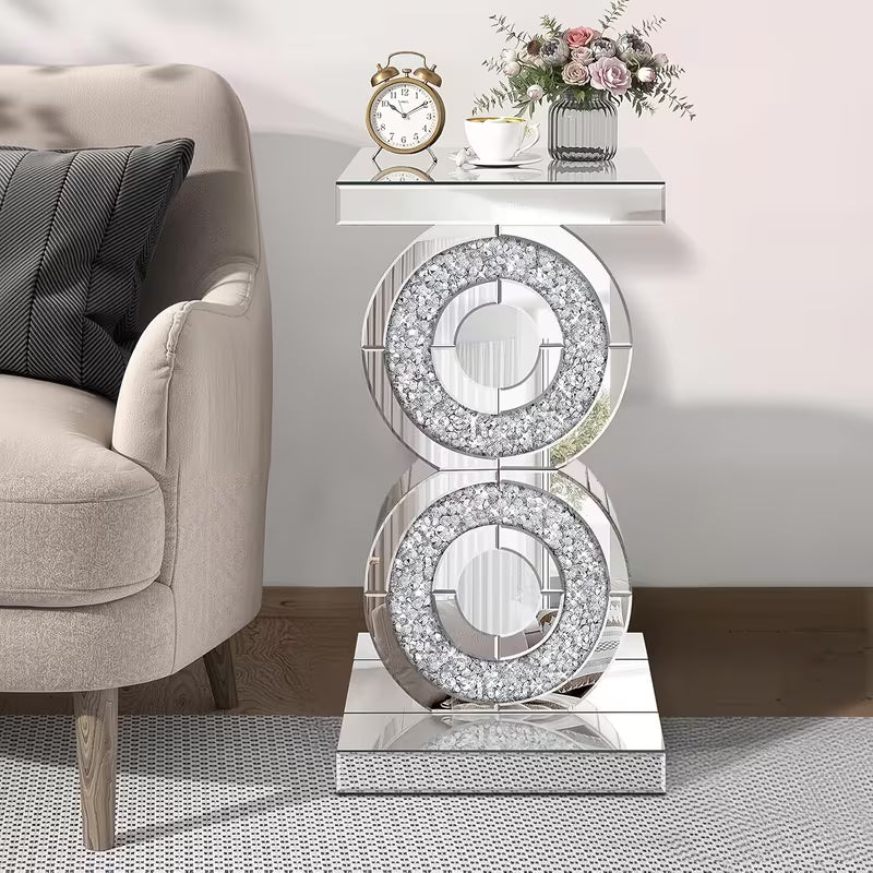 22-Inch Diamond Inlaid Mirror Edge Table, Modern Double Ring Decorative Coffee Table, Light Luxury Glass Bedside Table, Suitable for Living Room/Bedroom Side Tables – view 1