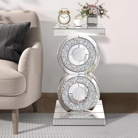 22-Inch Diamond Inlaid Mirror Edge Table, Modern Double Ring Decorative Coffee Table, Light Luxury Glass Bedside Table, Suitable for Living Room/Bedroom Side Tables – view 1