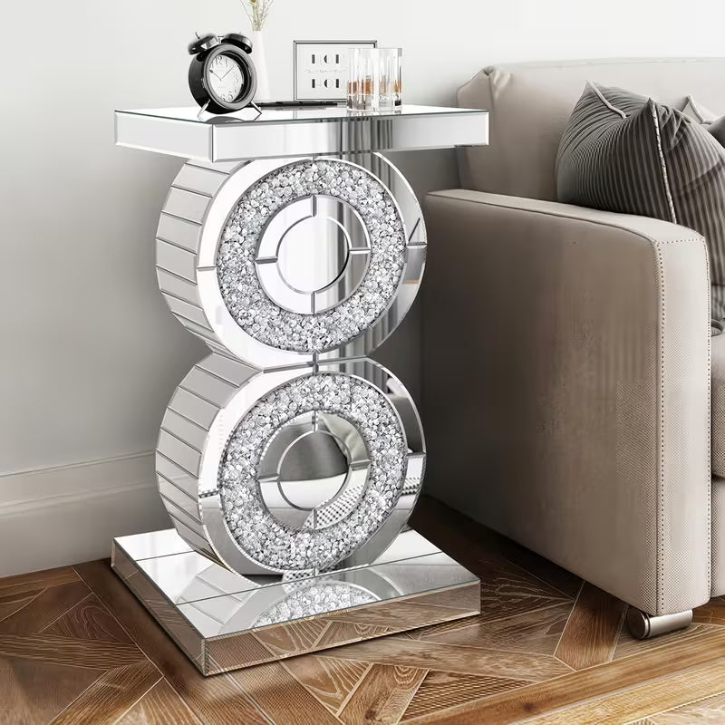 22-Inch Diamond Inlaid Mirror Edge Table, Modern Double Ring Decorative Coffee Table, Light Luxury Glass Bedside Table, Suitable for Living Room/Bedroom Side Tables – view 2