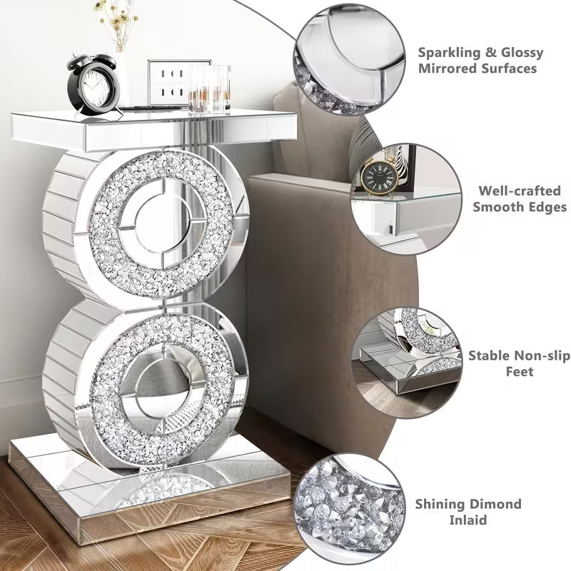 22-Inch Diamond Inlaid Mirror Edge Table, Modern Double Ring Decorative Coffee Table, Light Luxury Glass Bedside Table, Suitable for Living Room/Bedroom Side Tables – view 4