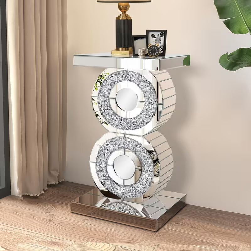 22-Inch Diamond Inlaid Mirror Edge Table, Modern Double Ring Decorative Coffee Table, Light Luxury Glass Bedside Table, Suitable for Living Room/Bedroom Side Tables – view 5