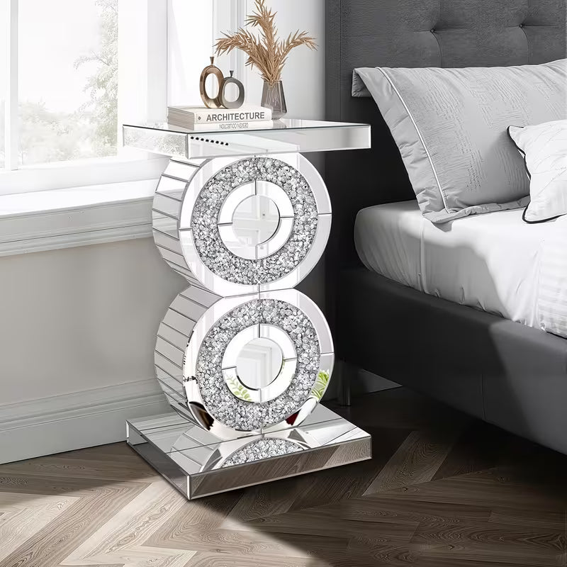 22-Inch Diamond Inlaid Mirror Edge Table, Modern Double Ring Decorative Coffee Table, Light Luxury Glass Bedside Table, Suitable for Living Room/Bedroom Side Tables – view 6