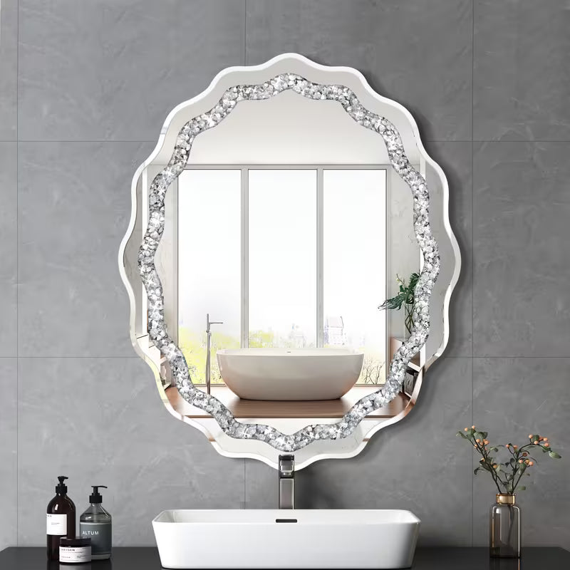 24 X 30 Inch Wavy Edge Broken Diamond Oval Decorative Mirror Pre Hook Hung Horizontally And Suitable For Bathroom Living Room Bedroom And Foyer – view 1