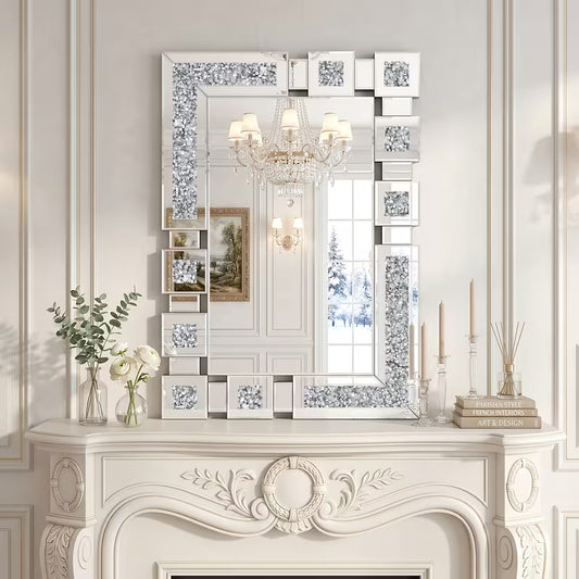 27.5 W X 39.3 H Broken Diamond Inlaid Wall Hanging Mirror Edge Polished Glass Frame Supports Horizontal And Vertical Installation Suitable For Bathroom Room Dining Room Entrance Wall – view 1