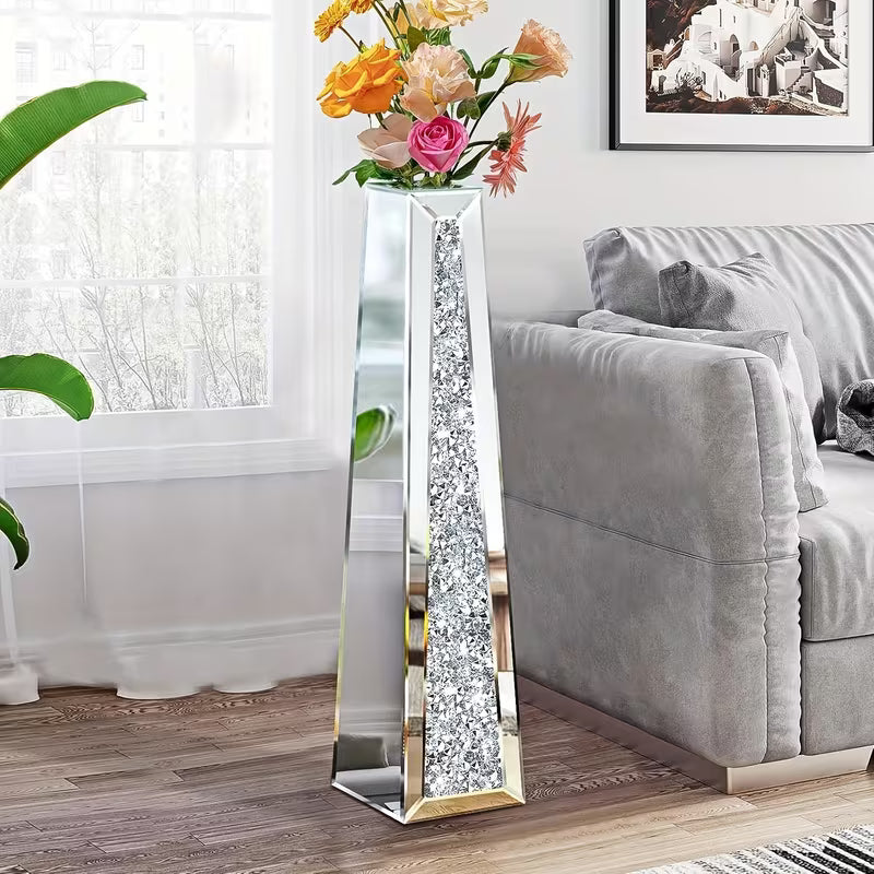 29 Tall Silvery Floor Vase With Crushed Diamond Design Crystal Mirrored Decorative Vase For Dried Flowers Home Accent In Living Room Bedroom Or Office – view 1