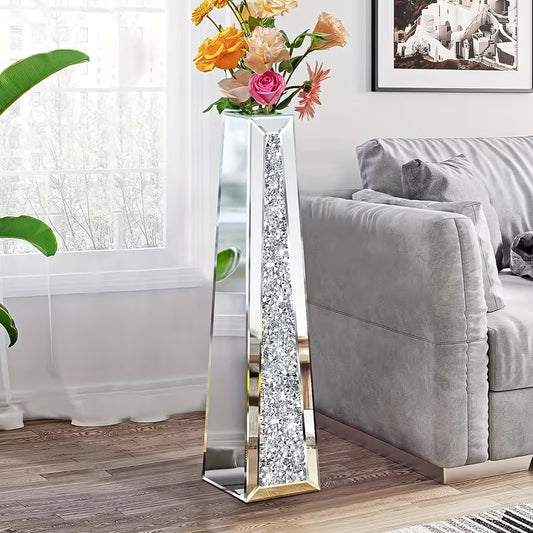 29 Tall Silvery Floor Vase With Crushed Diamond Design Crystal Mirrored Decorative Vase For Dried Flowers Home Accent In Living Room Bedroom Or Office – view 1