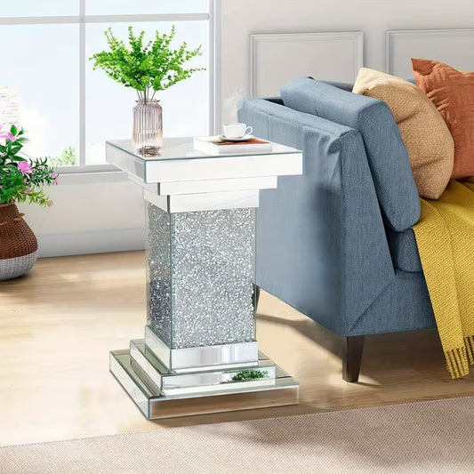 30.48cm X 50.8cm Silvery Mirrored End Table | Modern Crystal Inlay Coffee Table Glamorous Square Side Table for Living Room And Bedroom Decor – view 1