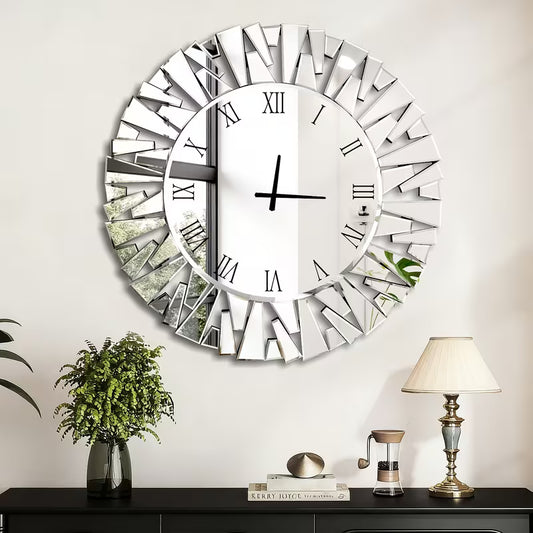 31.5 Inch Luxury Silvery Mirror Clock Large Sized Circular Silvery Frame Home Decoration Style Roman Digital Clock Modern Interior Fashion Decoration Highlight – view 1
