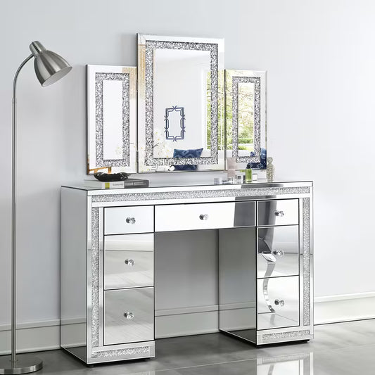 31.5 Wide 3 Panel Folding Vanity Mirror With Crushed Diamond Inlay Silvery Edge Tri Fold Mirror For Dresser And Home Decoration – view 1