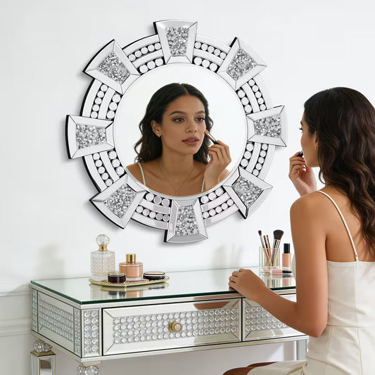 32 Inch Circular Wall Mounted Decorative Mirror With Sparkling Diamonds Embedded In With Reinforced Load Bearing Hooks For Suitable For Bathroom Vanity Entrance Foyer Living Room Dining Room – view 1