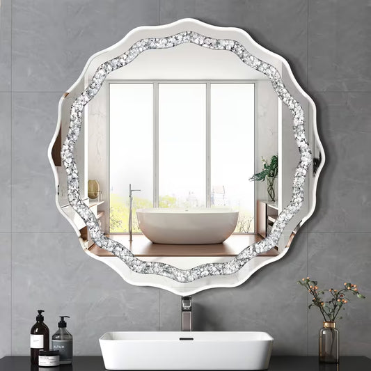 32 Inch Wavy Edge Broken Diamond Oval Wall Mirror With Pre Hooks Horizontal Vertical Hanging Suitable For Bathroom Living Room Bedroom Foyer Decorative Mirror For Modern Polished – view 1