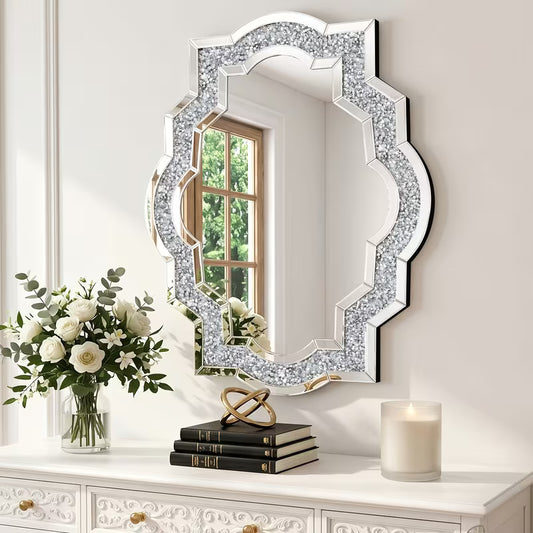 35.4 Broken Diamond Inlaid Wave Shaped Frame Wall Mirror With Reinforced Anti Falling Hook Additions To Reduce Installation Difficulty Suitable For Bathroom Vanity Entrance Foyer Living Room Dining Room – view 1
