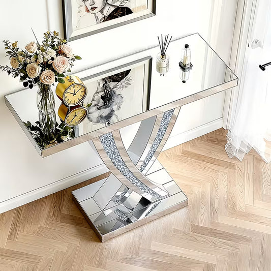 35.8 Sparkling Shaped Mirror Entrance Table High Reflective Design Thick Anddurable Tabletop Modern Light Decoration Storage Table – view 1
