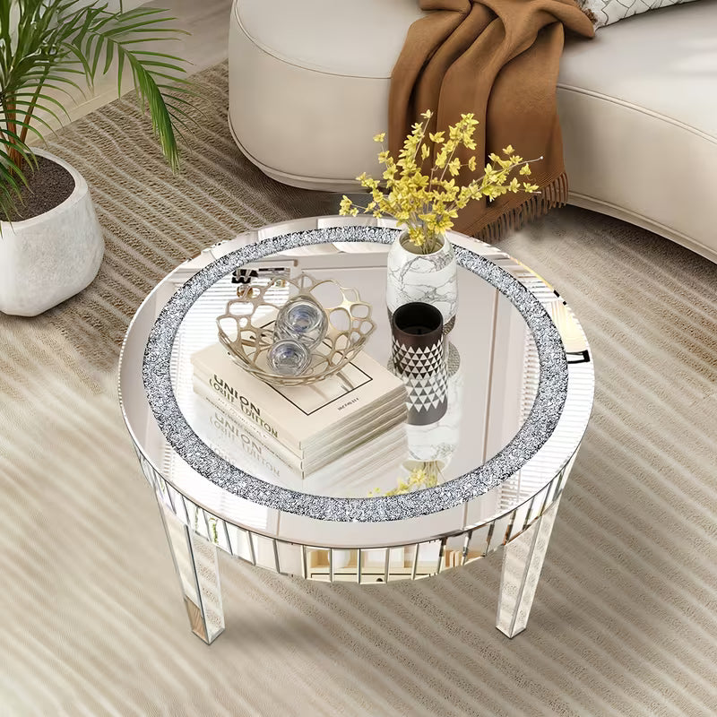 59.94cm Round Diamond Inlaid Mirror Tea Table, Easy-Clean Mirror Surface, Elegant Silvery Living Room and Foyer Decorative Furniture – view 1