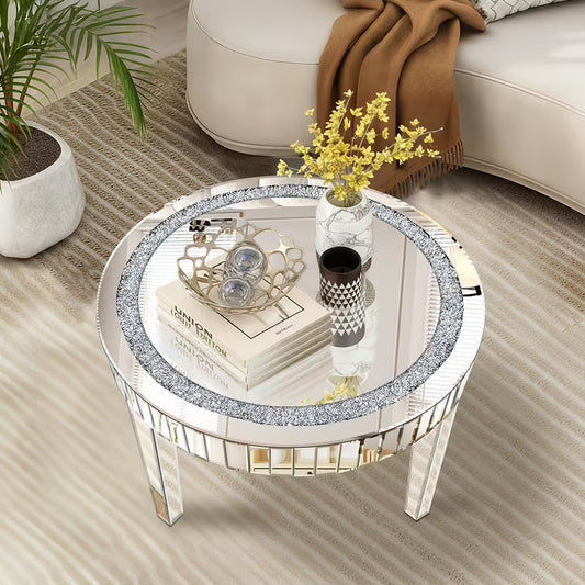 59.94cm Round Diamond Inlaid Mirror Tea Table, Easy-Clean Mirror Surface, Elegant Silvery Living Room and Foyer Decorative Furniture – view 1