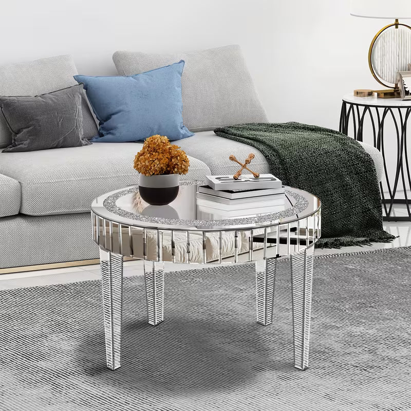 59.94cm Round Diamond Inlaid Mirror Tea Table, Easy-Clean Mirror Surface, Elegant Silvery Living Room and Foyer Decorative Furniture – view 2
