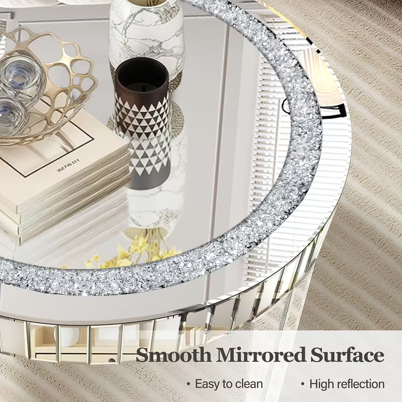 59.94cm Round Diamond Inlaid Mirror Tea Table, Easy-Clean Mirror Surface, Elegant Silvery Living Room and Foyer Decorative Furniture – view 4