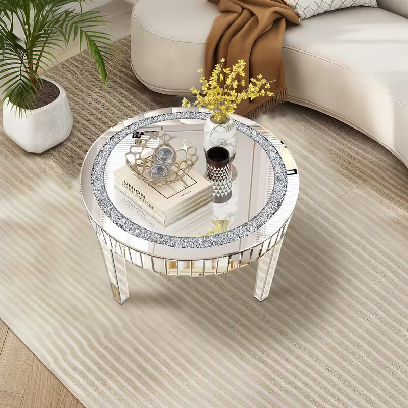 59.94cm Round Diamond Inlaid Mirror Tea Table, Easy-Clean Mirror Surface, Elegant Silvery Living Room and Foyer Decorative Furniture – view 7