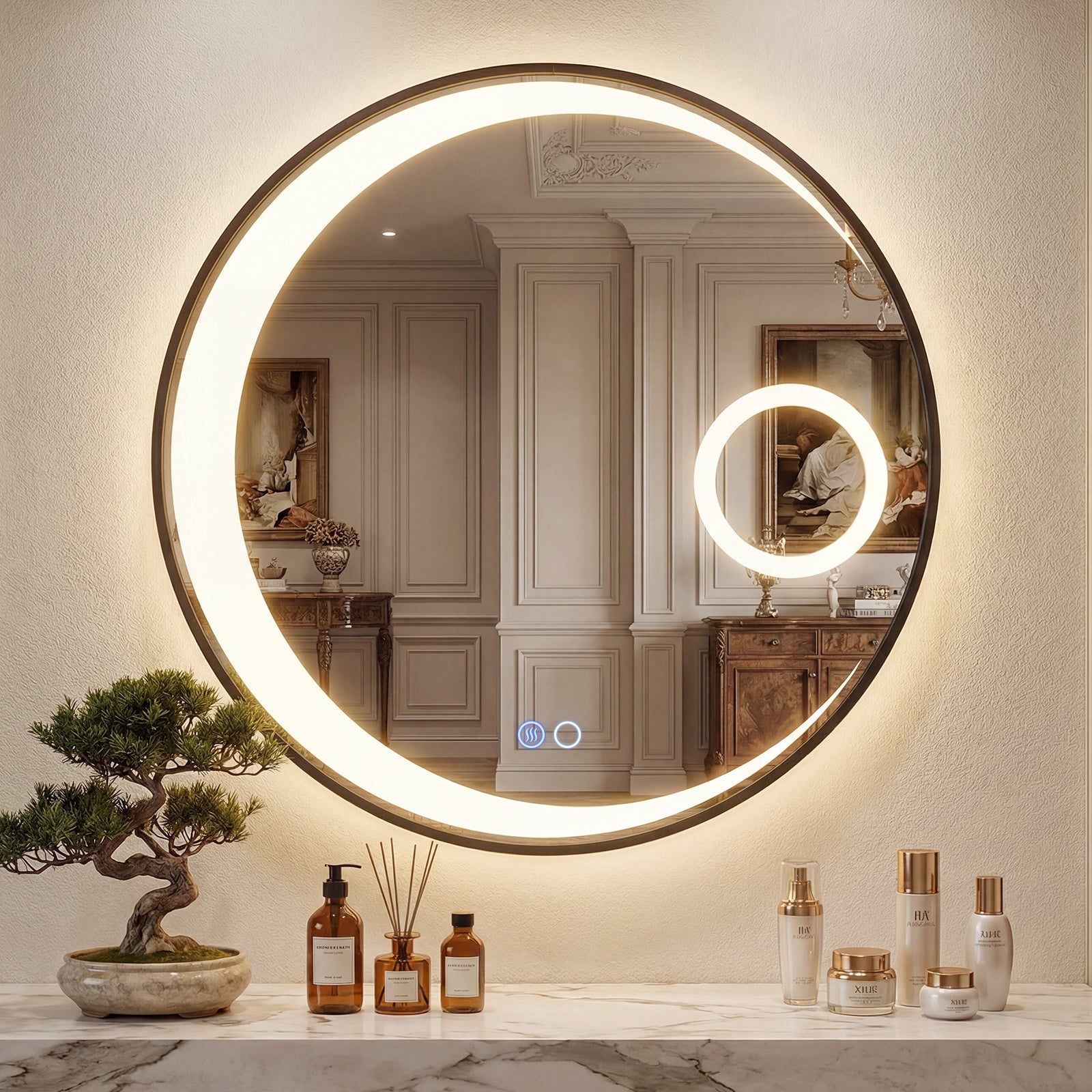 61 cm Round LED Bathroom Mirror with Magnifier & Anti-Fog – Black