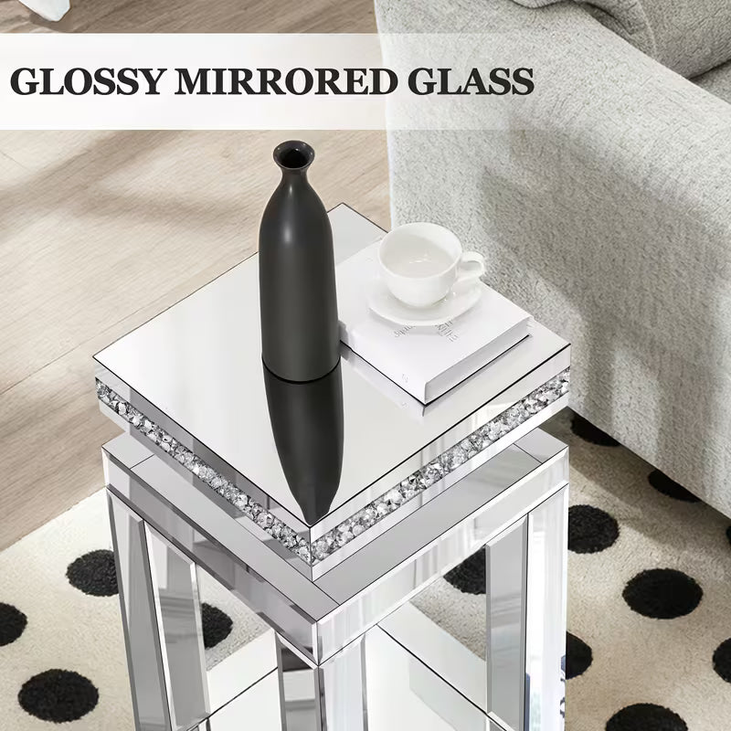 66.04cm Light Luxury Broken Diamond Mirror Edge Table, Dust-Proof and Easy to Wipe Mirror Panel, Anti-Slip Reinforced Foot Pad, Square Storage Base, Suitable for Living Room, Sofa Side, Bedroom – view 2