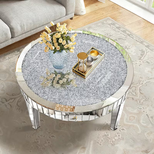 80.01cm Light Luxury Broken Diamond Mirror Round Coffee Table, Vertical Mirror Grid Around the Edges, Scratch-Resistant Desktop, Easy to Maintain and Wipe, Center Decorative Table for Living Room Sofa Area – view 1