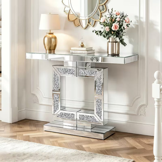 80.01cmH Mirror Entrance Table, Hollow Geometric Frame Embedded with Broken Diamonds, High Reflective Glossy Mirror Tabletop, Anti-Tipping Reinforced Base, Suitable for Hallways, Corridors, and Living Rooms – view 1