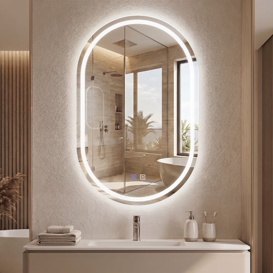80 x 50 cm Oval LED Bathroom Mirror with Front & Back Lighting – Silver