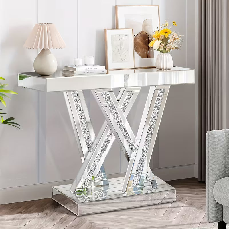 88.9cm Silvery Mirror Console Table, with Glass Surface and Diamond Inlay Design, Suitable for Modern Living Room, Lobby or Corridor Decoration as an Entry-Level Table – view 1