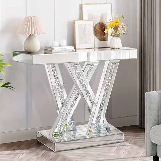 88.9cm Silvery Mirror Console Table, with Glass Surface and Diamond Inlay Design, Suitable for Modern Living Room, Lobby or Corridor Decoration as an Entry-Level Table – view 1