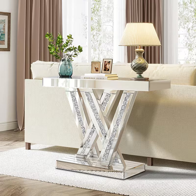 88.9cm Silvery Mirror Console Table, with Glass Surface and Diamond Inlay Design, Suitable for Modern Living Room, Lobby or Corridor Decoration as an Entry-Level Table – view 2