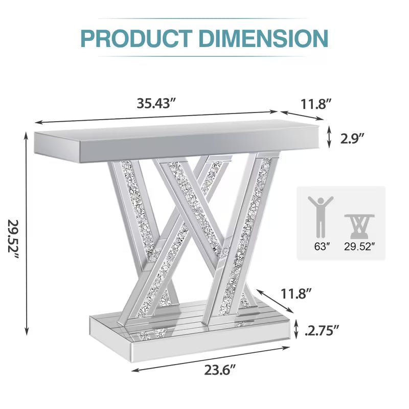 88.9cm Silvery Mirror Console Table, with Glass Surface and Diamond Inlay Design, Suitable for Modern Living Room, Lobby or Corridor Decoration as an Entry-Level Table – view 3