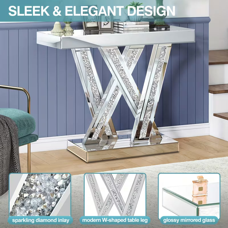 88.9cm Silvery Mirror Console Table, with Glass Surface and Diamond Inlay Design, Suitable for Modern Living Room, Lobby or Corridor Decoration as an Entry-Level Table – view 4