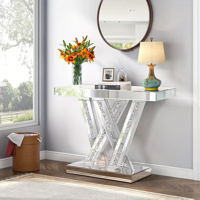 88.9cm Silvery Mirror Console Table, with Glass Surface and Diamond Inlay Design, Suitable for Modern Living Room, Lobby or Corridor Decoration as an Entry-Level Table – view 6
