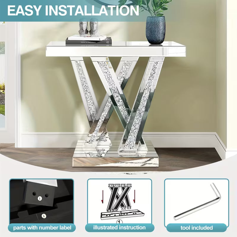 88.9cm Silvery Mirror Console Table, with Glass Surface and Diamond Inlay Design, Suitable for Modern Living Room, Lobby or Corridor Decoration as an Entry-Level Table – view 7