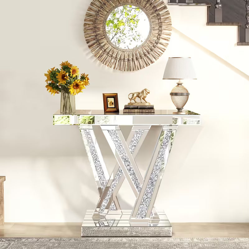 88.9cm Silvery Mirror Console Table, with Glass Surface and Diamond Inlay Design, Suitable for Modern Living Room, Lobby or Corridor Decoration as an Entry-Level Table – view 8