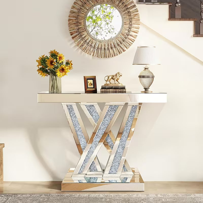 88.9cm Silvery Mirror Console Table, with Glass Surface and Diamond Inlay Design, Suitable for Modern Living Room, Lobby or Corridor Decoration as an Entry-Level Table – view 9