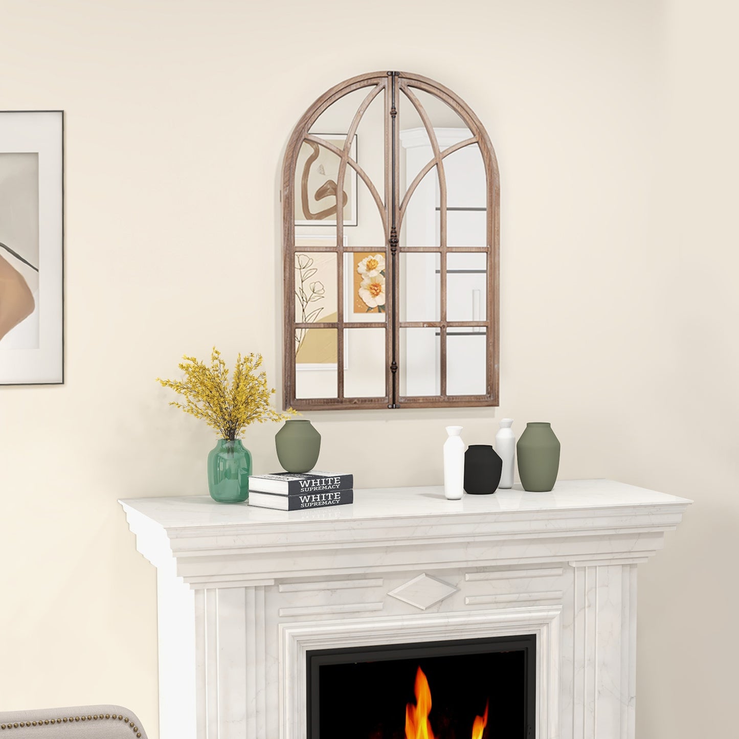 88 x 60 cm Arched Window-Style Wall Mirror – Natural Wood