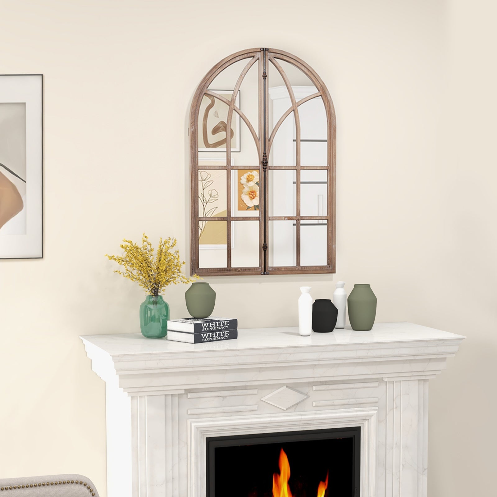 88 x 60 cm Arched Window-Style Wall Mirror – Natural Wood