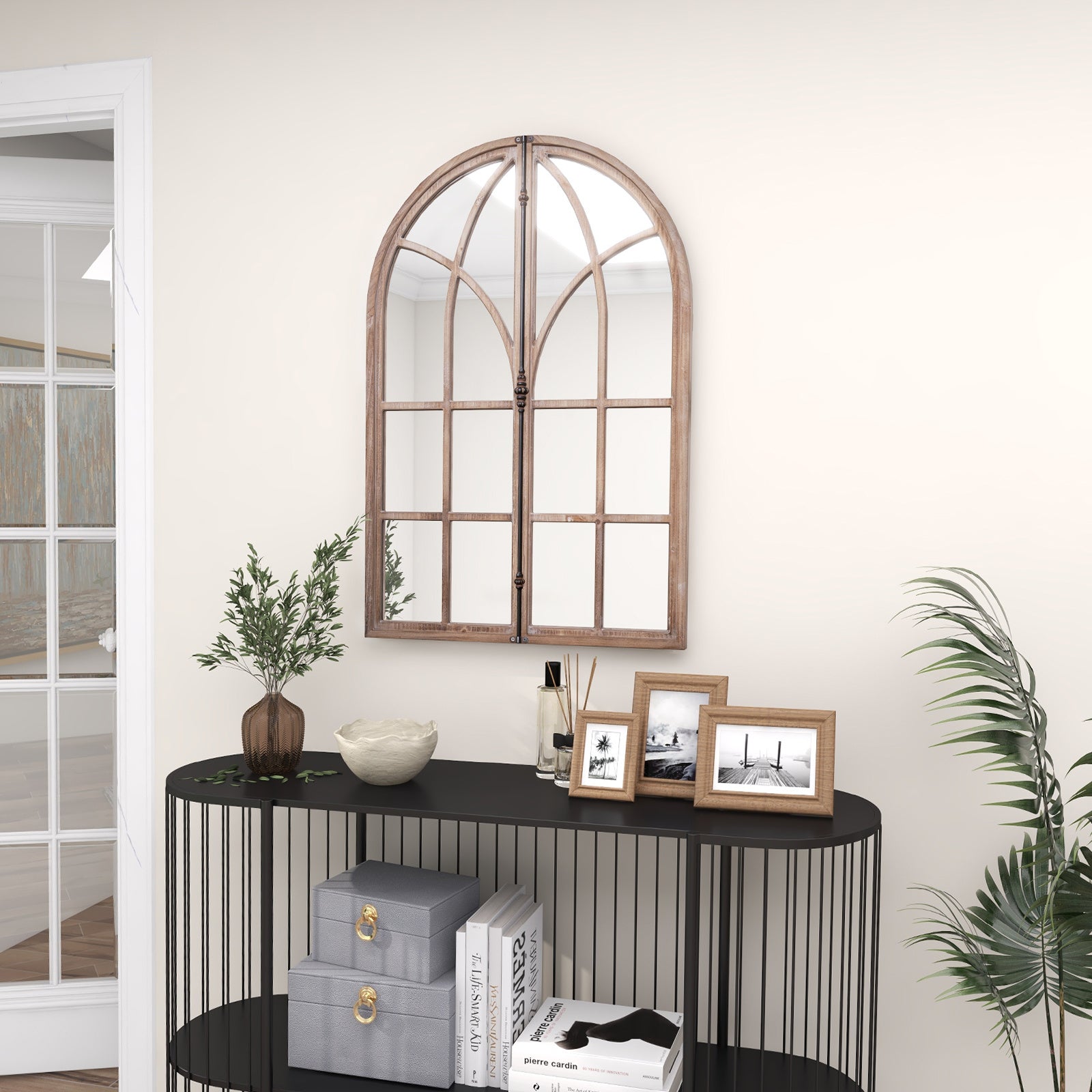 88 x 60 cm Arched Window-Style Wall Mirror – Natural Wood