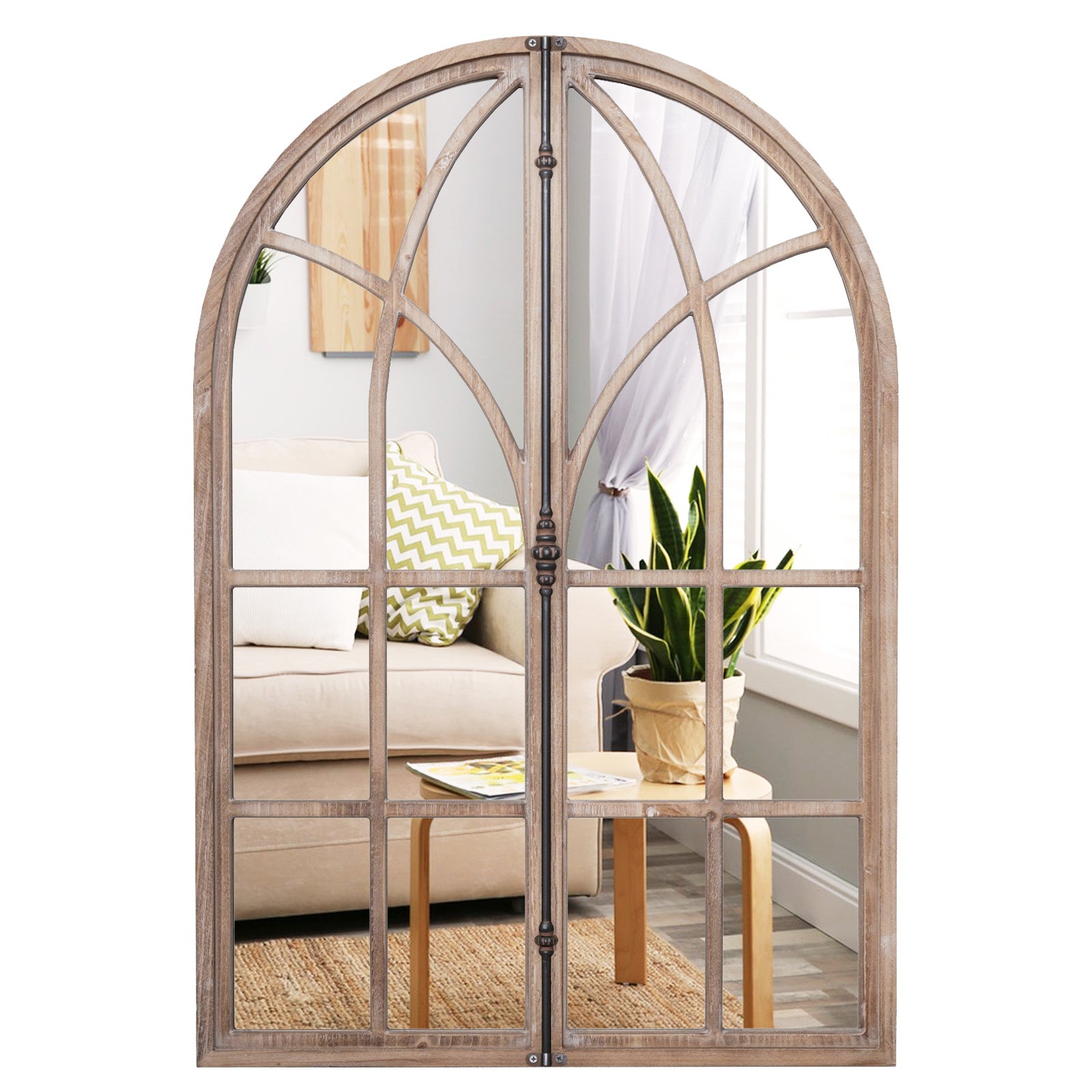 88 x 60 cm Arched Window-Style Wall Mirror – Natural Wood